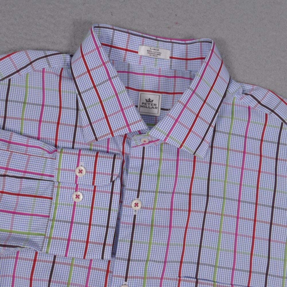 Peter Millar Shirt Mens Large Blue Plaid Button Down Long Sleeve Cotton